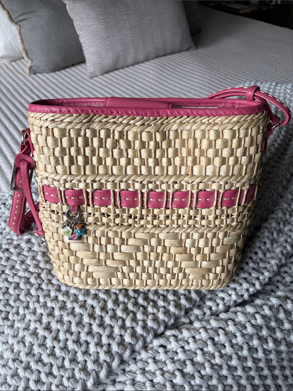 Brighton Straw Crossbody with Pink Trim and Charm